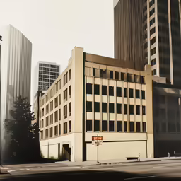 a lone street corner with many skyscrapers in the background