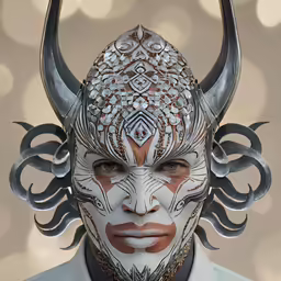 a man with white paint and a horned head