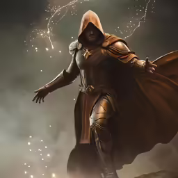 a man dressed as a knight is running while holding his cape