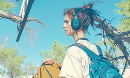 a person in a t - shirt and ear buds looks into the distance while holding a backpack