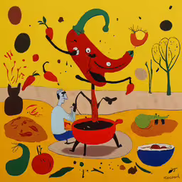 an illustration of a man cooking food in front of another person,an art work depicting two people cooking something