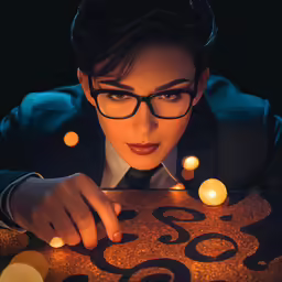 a woman in glasses looks down at a sign that says eightyth