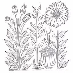 a drawing of several flowers and leaves,a black and white drawing of flowers and leaves