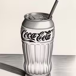 a drawing of a drink can with a straw in it
