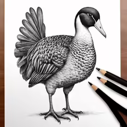 a pen drawing of a duck on paper with ink and markers