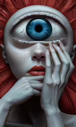 a female face with blue eyes with a weird hair