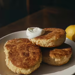 three fried food items on a plate with a lemon