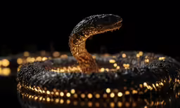 a black and gold snake that is curled up