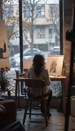 a person sitting in front of a window while painting