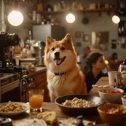 a dog in front of some food and a camera in the background