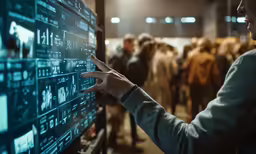 people in a large room looking at something on a screen