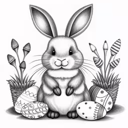 a drawing of a bunny with eggs and plants,the bunny rabbit is surrounded by eggs