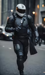 a man in a black suit is walking on the street