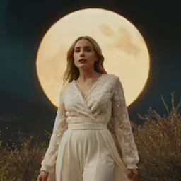 the moon is seen behind a young woman in white