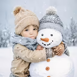 a little girl hugging her boyfriend while playing in the snow