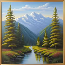 painting of a mountain landscape with trees and a stream,a painting is shown with some grass and trees in the background