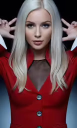 a woman with blonde hair and a red jacket