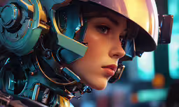 closeup of a person wearing a helmet that appears to be robotic,the helmet of a female robot with a wide face