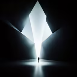 a person standing in the middle of a room with a light at the end of it