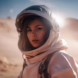 a woman standing in the desert with a helmet on her head