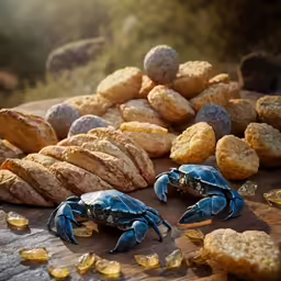 two blue crabs are on a table with bread and other pastries