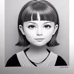 black and white photo of young girl with bangs
