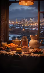 a view from a room with food and candles