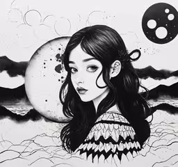 the girl in black and white looks at an image,a drawing of a girl with long hair wearing a braid