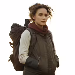 a woman in a vest with a back pack