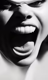 an odd looking female with her mouth open