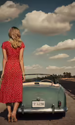 a woman in a red dress stands beside a green convertible car