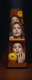 a double picture showing the women in the box as they look at an orange