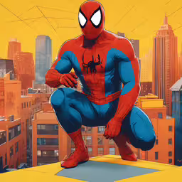 a cartoon character is sitting on top of a building,a man in a spider suit crouching against a skyscraper background