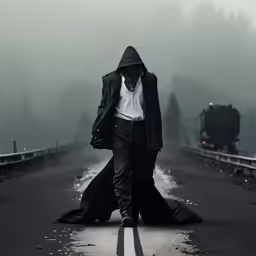 man with a black cloak walks across a road with fog