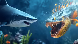 two large fish swimming around the bottom of a underwater tank