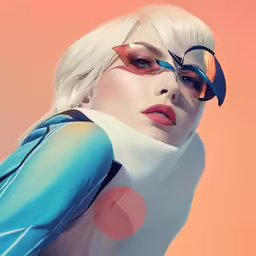 a young woman with white hair and orange glasses