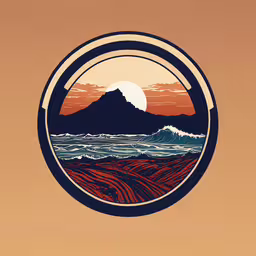 an orange background with an oval painting and an abstract sunset scene,this is an image of the beach with mountains in the distance