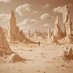 a man walking through a desert like area with many tall rocks