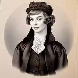 a black and white photograph of a woman wearing a hat