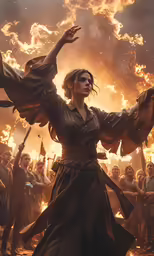 a woman is wearing black and standing in front of some fire