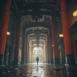 man walking down hallway with pillars and lanterns at night