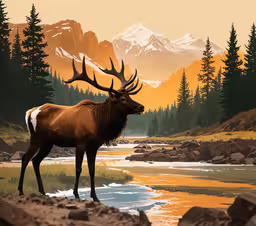 a large elk is standing near some water,a elk stands by a creek in a forest with mountains
