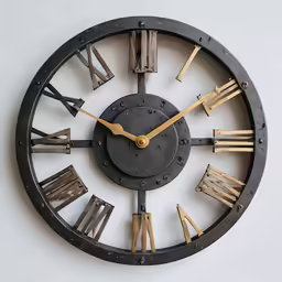 a metal clock with multiple roman numerals on it
