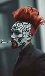 an individual with the face painted as a dragon with hair on top
