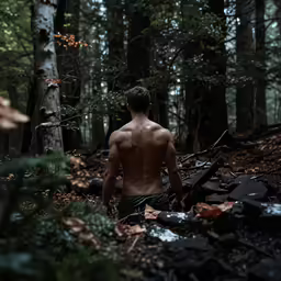 a man with no shirt walking through the forest