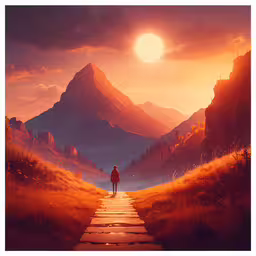 a man standing on a road leading to the mountains,a boy standing on a path toward mountains during the sun set