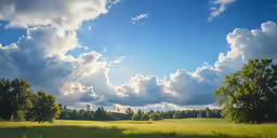 the green pasture and trees are under a blue cloudy sky