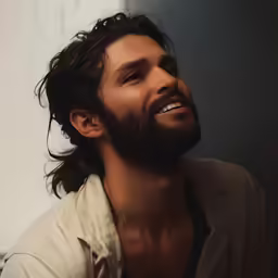 the young man is smiling and smiling with long hair