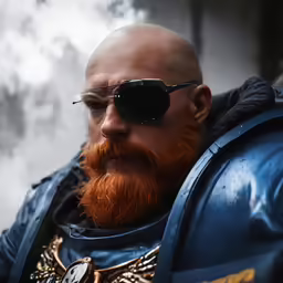 a man with sunglasses and a big beard and leather armor