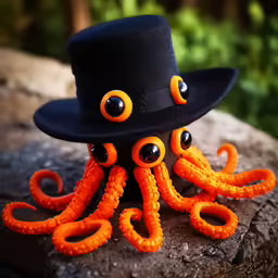 an orange octopus octopus wearing a hat on a rock